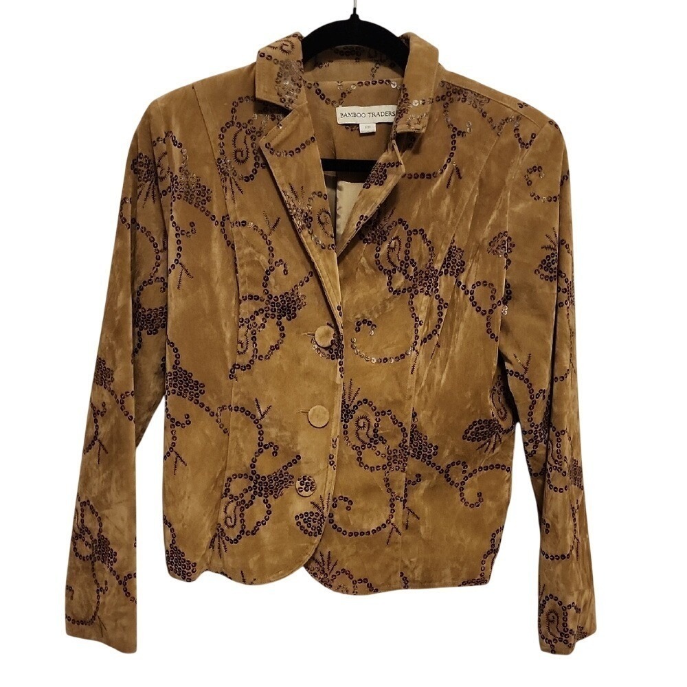 Vintage Bamboo Traders Tan Sequin Embellished‎ Faux Suede Blazer Jacket Women PM